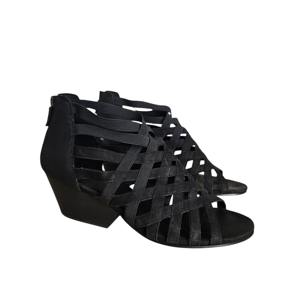Eileen Fisher Black Leather‎ Elastic Strappy Cage Wedge Sandals Womens 10